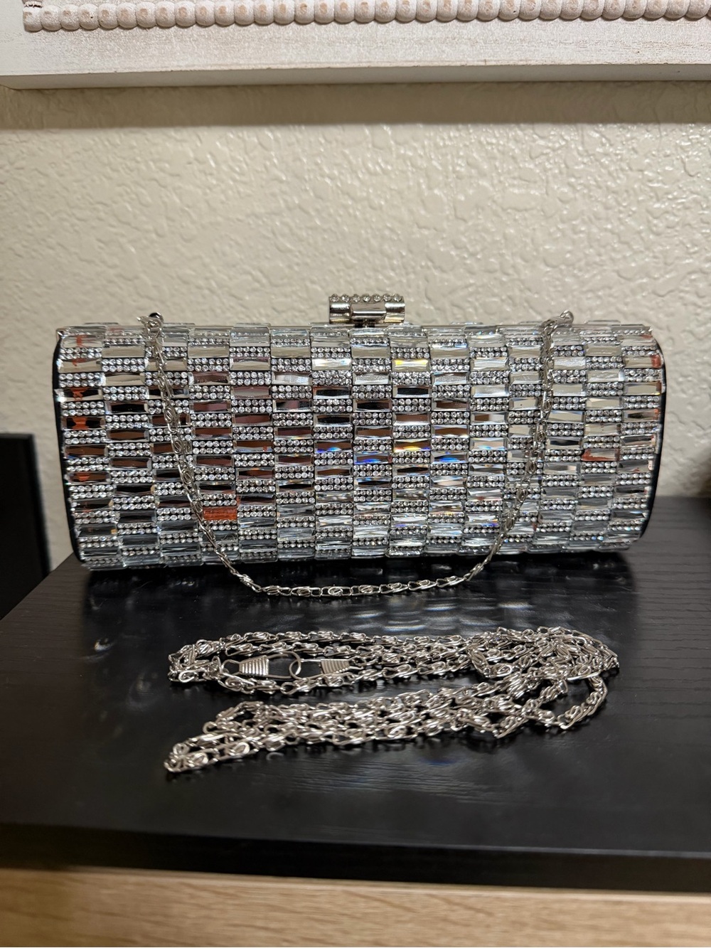 Silver Crystal Mosaic Evening Clutch with Chain Strap & Extended Chain Strap